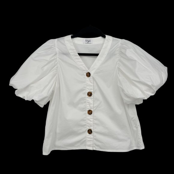 Wiya Tu Tops - Wiya Tu Size Small Button Down Top Short Puff Sleeve Women's Blouse Solid White